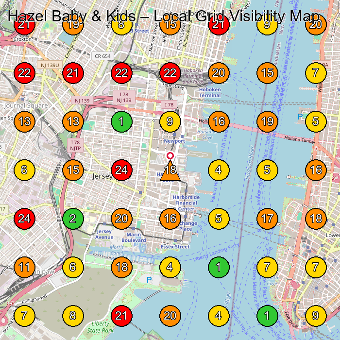 Hazel Baby & Kids Toy Store GeoGrid ranking map for Jersey City NJ